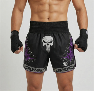 Laura Black & Purple Muay Thai Shorts with Thick Waistband Triangle design
