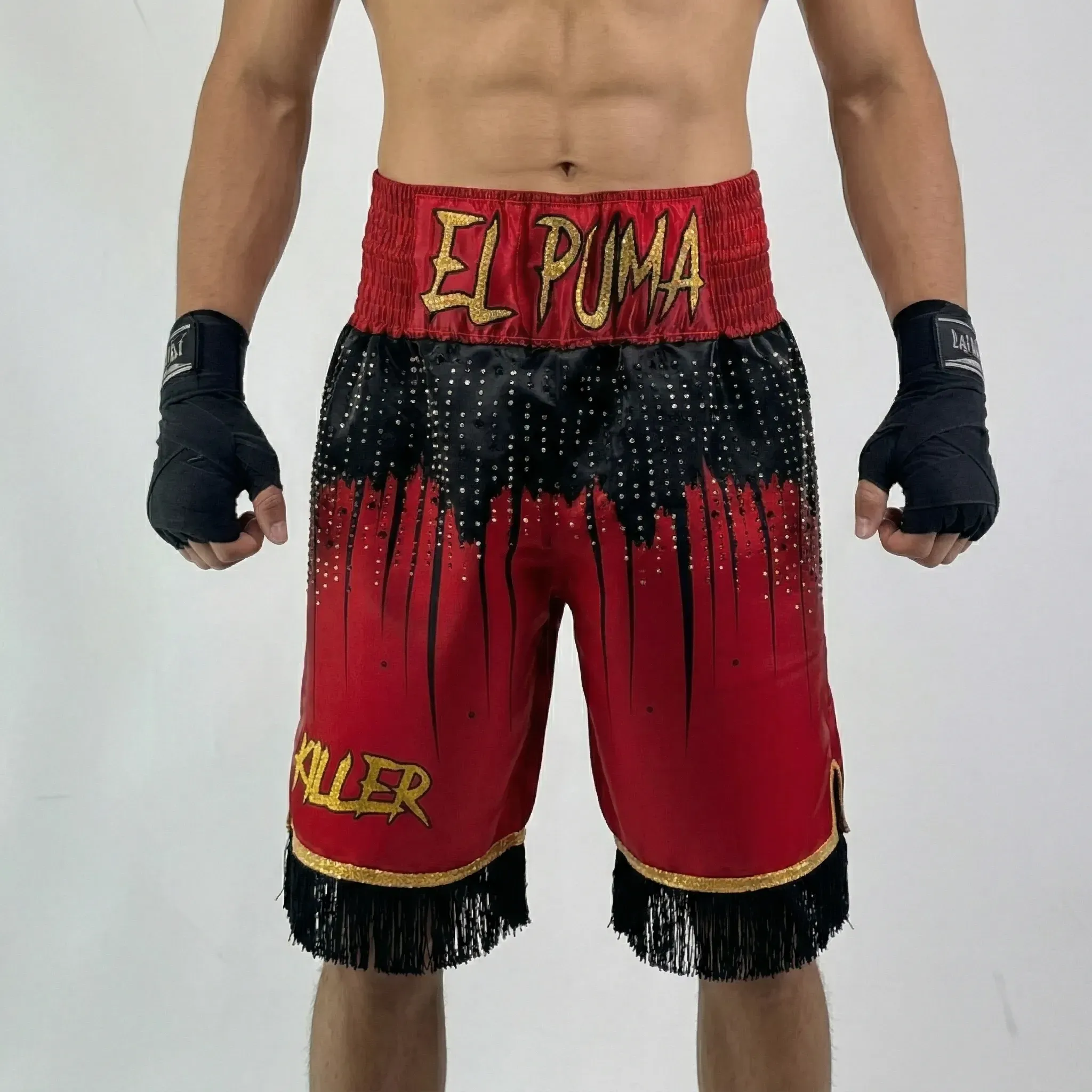 Shine bright BX Michelle Ruby Red & Black & Gold Custom Boxing Shorts & Trunks