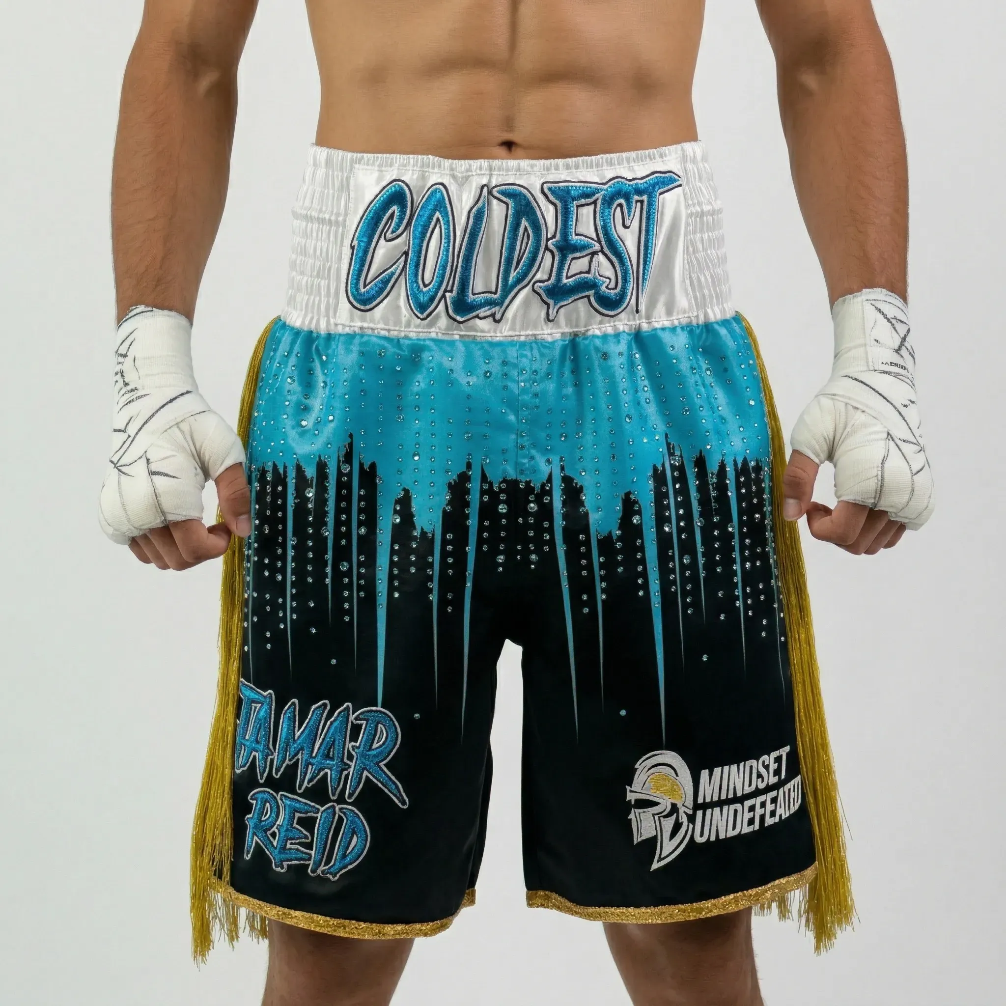 Shine bright BX Jamar Light Blue & Black & White & Gold Custom Boxing Shorts & Trunks