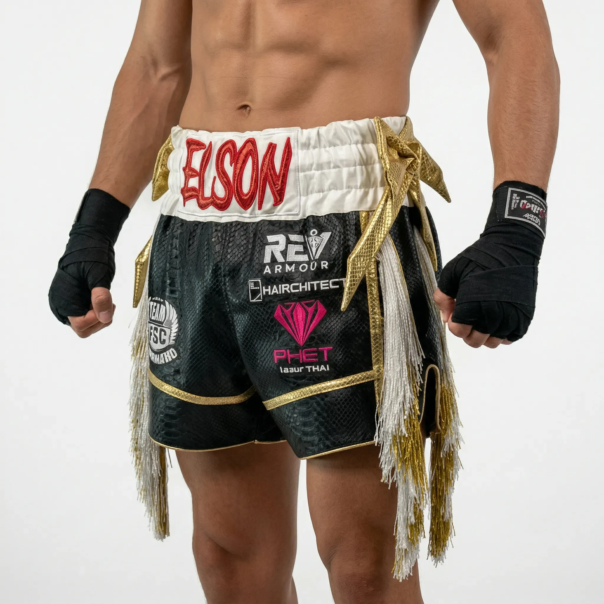 GEO MTS Elson Black & Gold & White Muay Thai Shorts