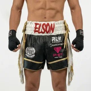 Elson Black & Gold & White Muay Thai Shorts with thick waistband
