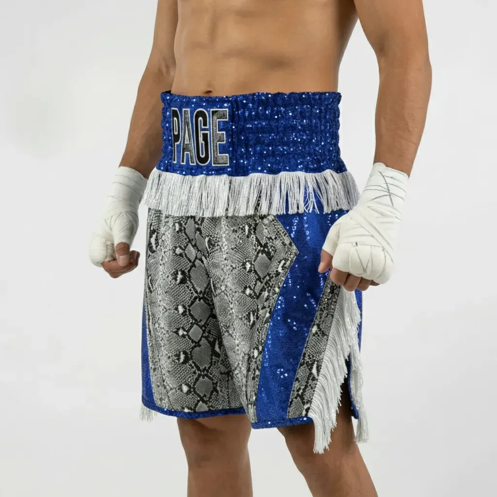 Drei BX Bryant Grey & Snake & Bule & White Custom Boxing Shorts & Trunks