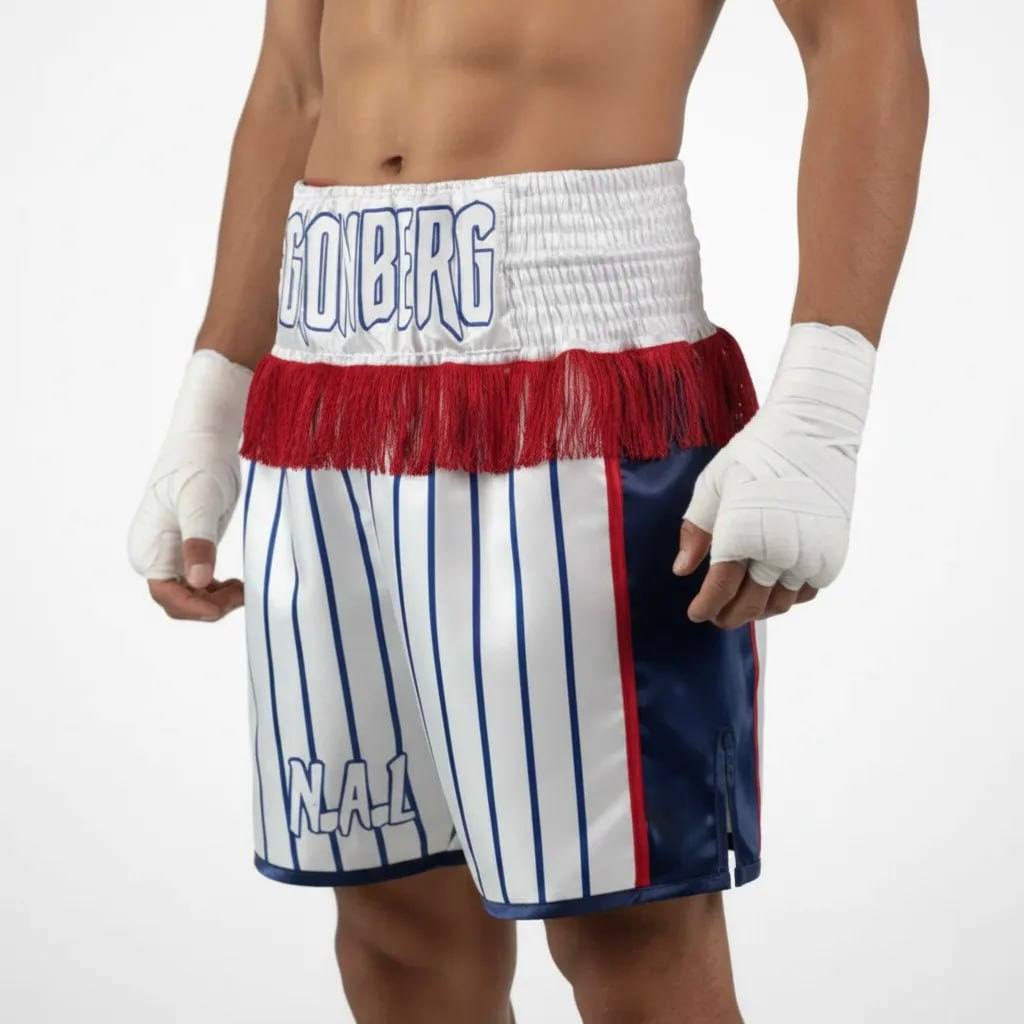 Star fall BX Nicklaus White & Navy Blue & Red Custom Boxing Shorts & Trunks