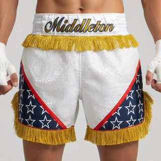 STAR QUALITY MTS Old daishaun White & Navy Blue Muay Thai Shorts