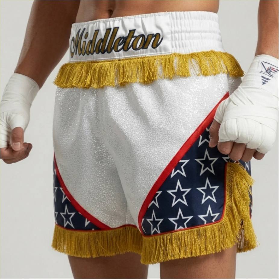 STAR QUALITY MTS Old daishaun White & Navy Blue  Muay Thai Shorts