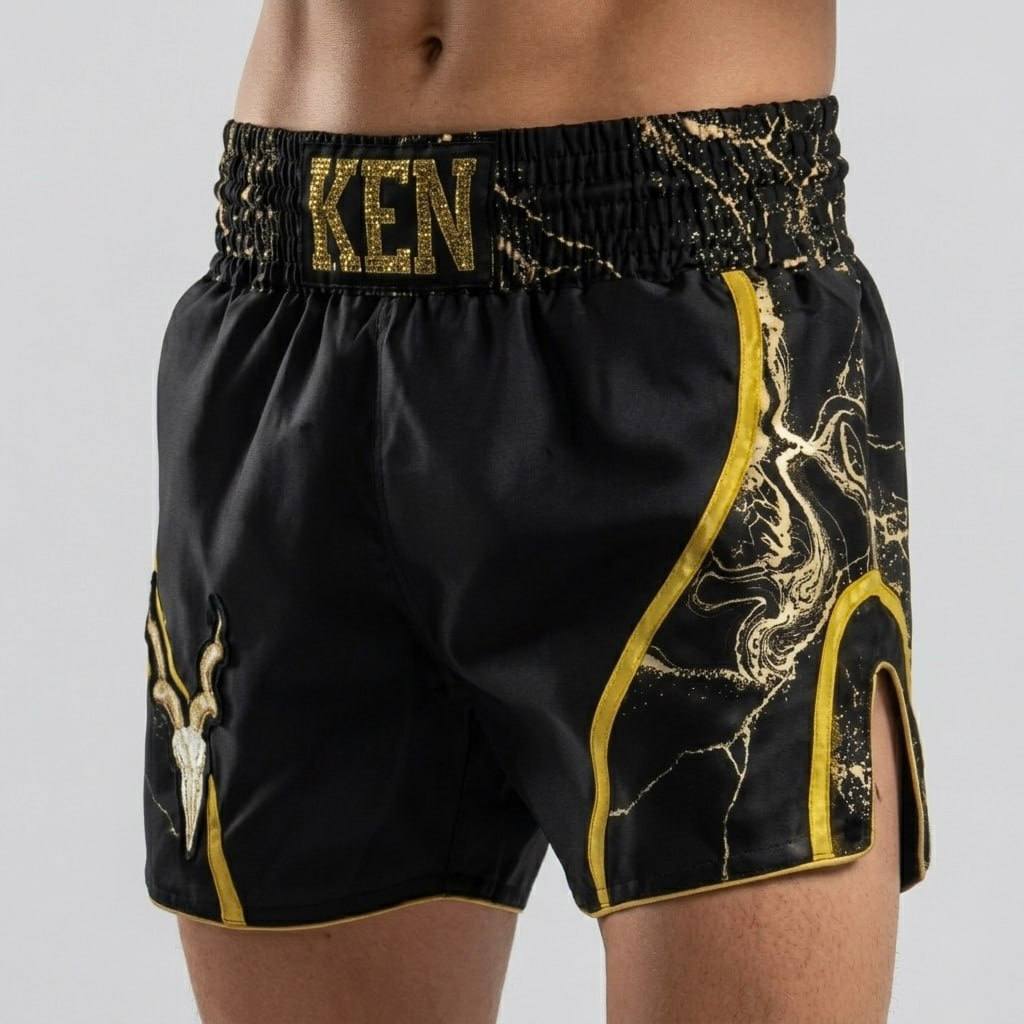 DREAM MTS Old Wei Black & Yellow Gold Muay Thai Shorts