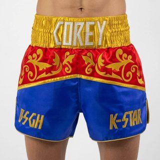 Corey Blue & Red & King Gold Muay Thai Shorts with Thick Waistband Triangle design