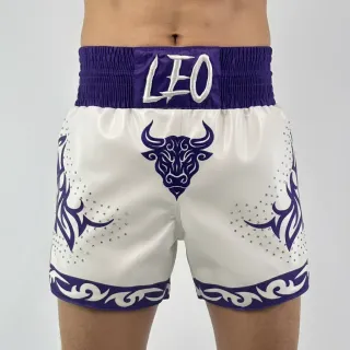 Léo White & Purple Muay Thai Shorts with Thick Waistband Triangle design