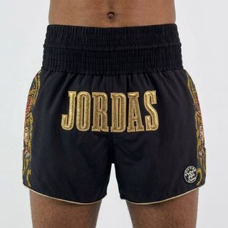 custom muay Thai shorts ROYAL TIGER design black matt satin with gold tiger embroidery and applique name
