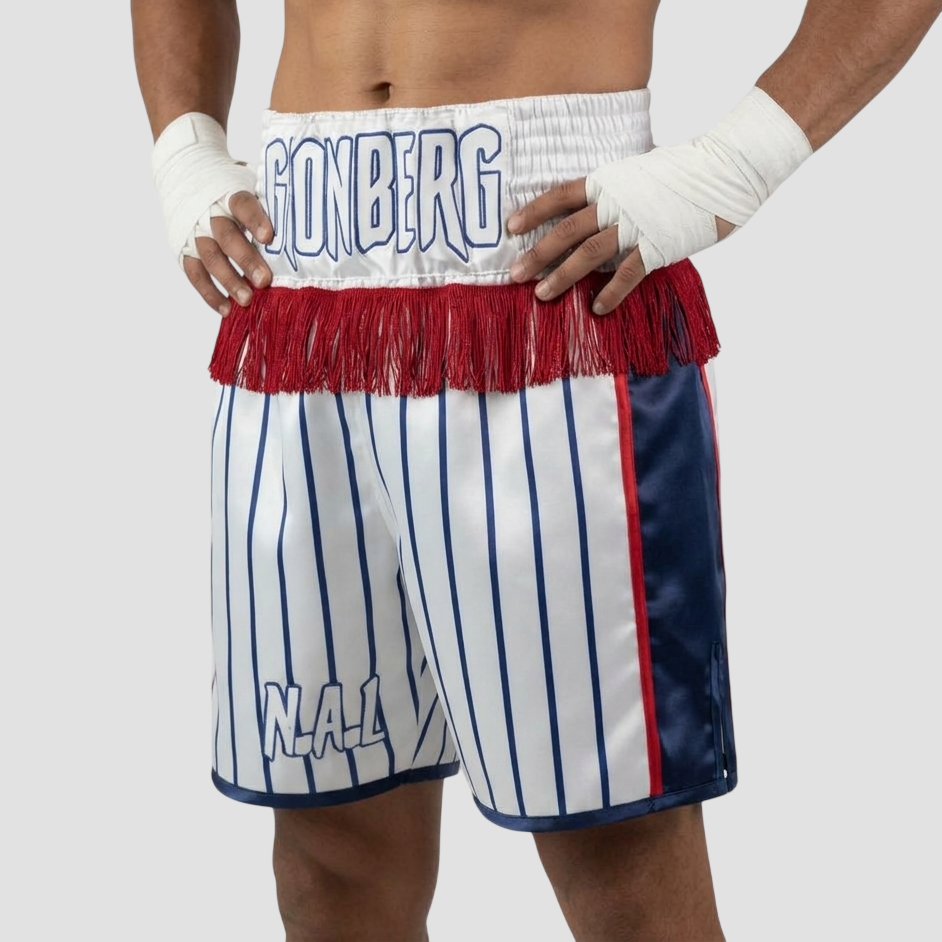 Star fall BX Nicklaus White & Navy Blue & Red Custom Boxing Shorts & Trunks