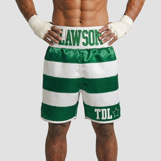 Double five panel BX Bruce White & Green Custom Boxing Shorts & Trunks