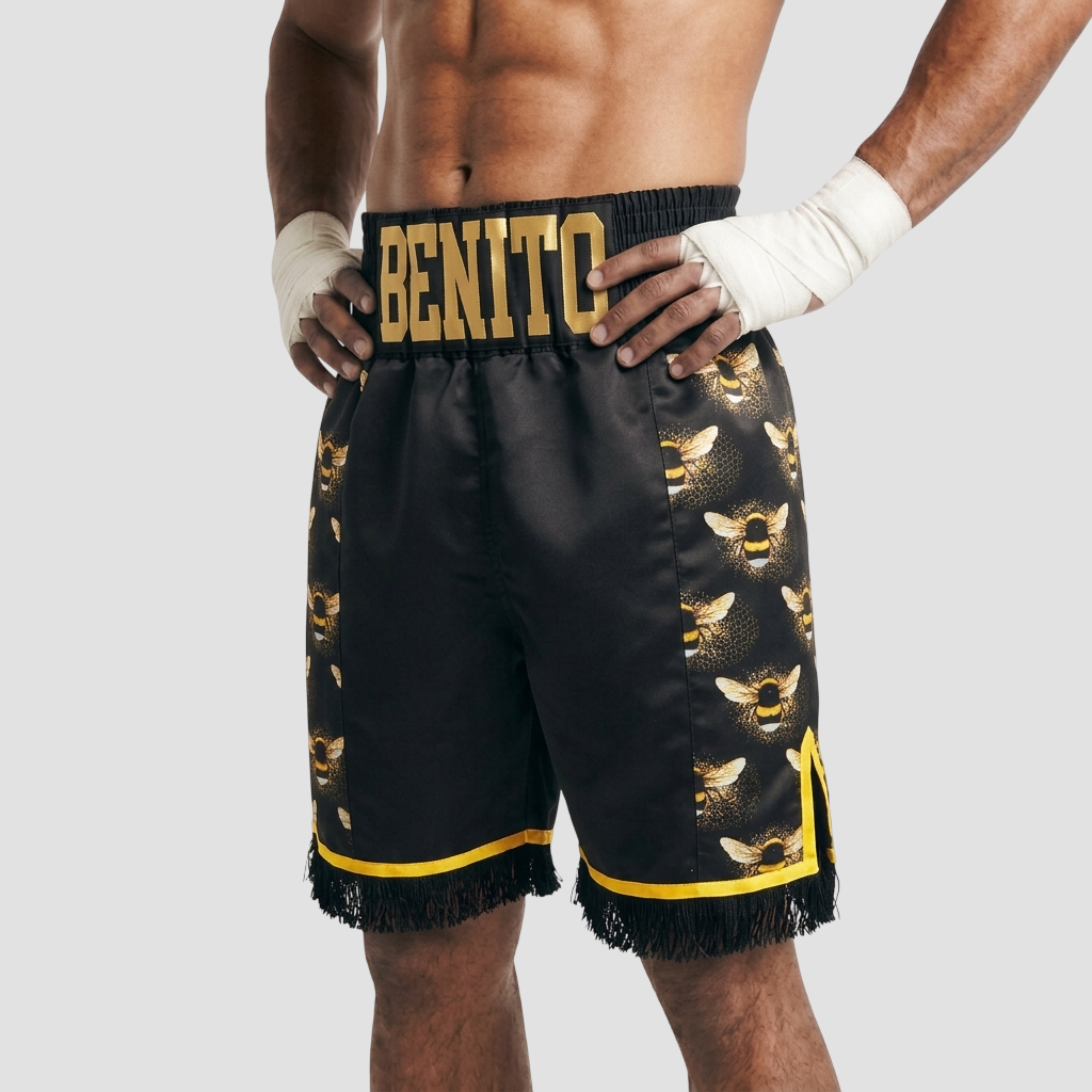 Three Stripes Bx Bénie Black & Yellow Gold Custom Boxing Shorts & Trunks