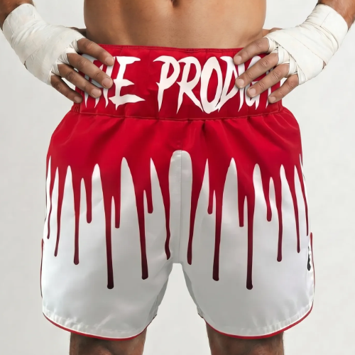Cascade custom boxing shorts with flowing drip-line cascade design and contrasting trims.