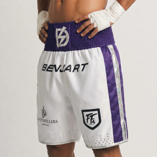 Customisable Gen One boxing shorts template with layered double-stripe side panels. Premium stitched construction designed for comfort, movement, and boxing performance.