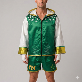 Custom boxing jacket Superstar design in green satin with stars decoration