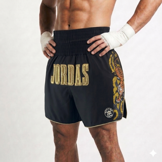 custom muay Thai shorts ROYAL TIGER design black matt satin with gold tiger embroidery and applique name