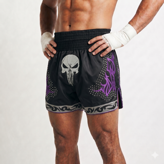 Laura Black & Purple Muay Thai Shorts with Thick Waistband Triangle design