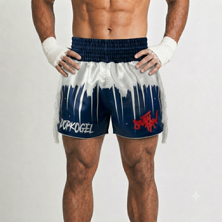 Nathan Navy Blue & White Muay Thai Shorts with Thin Waistband Triangle design