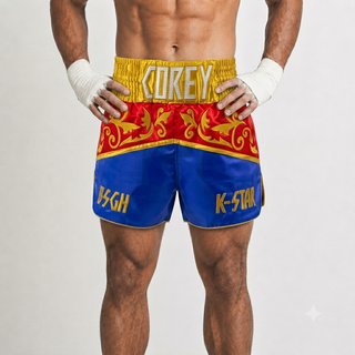 Corey Blue & Red & King Gold Muay Thai Shorts with Thick Waistband Triangle design
