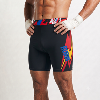 Lightning Bolt Vale Tudo Noam Black & Ruby Red & Yellow Gold Compression Shorts