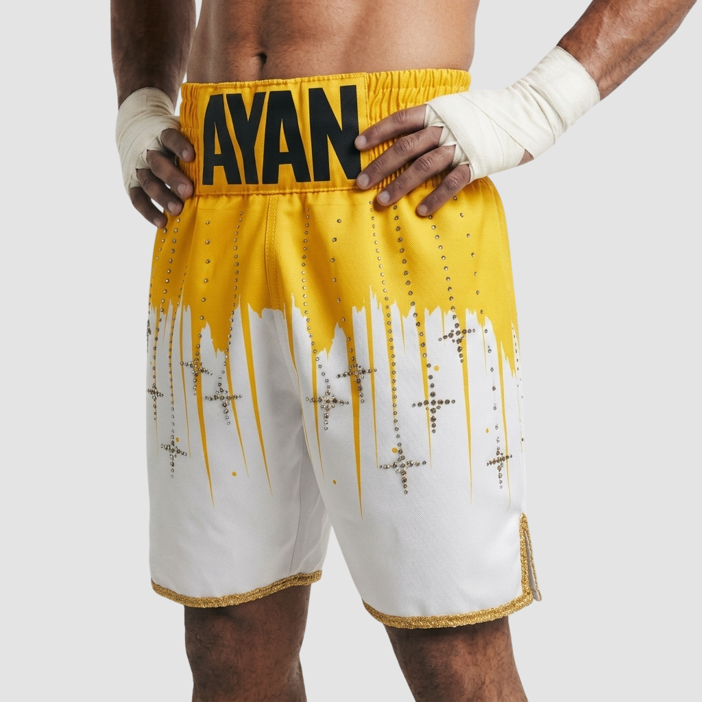 Shine bright BX Florin White & Yellow Custom Boxing Shorts & Trunks
