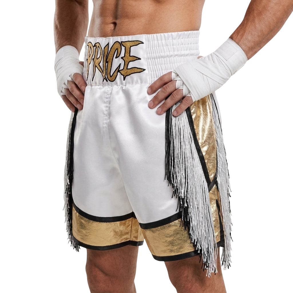 Bilal BX Trish White & Gold Custom Boxing Shorts & Trunks