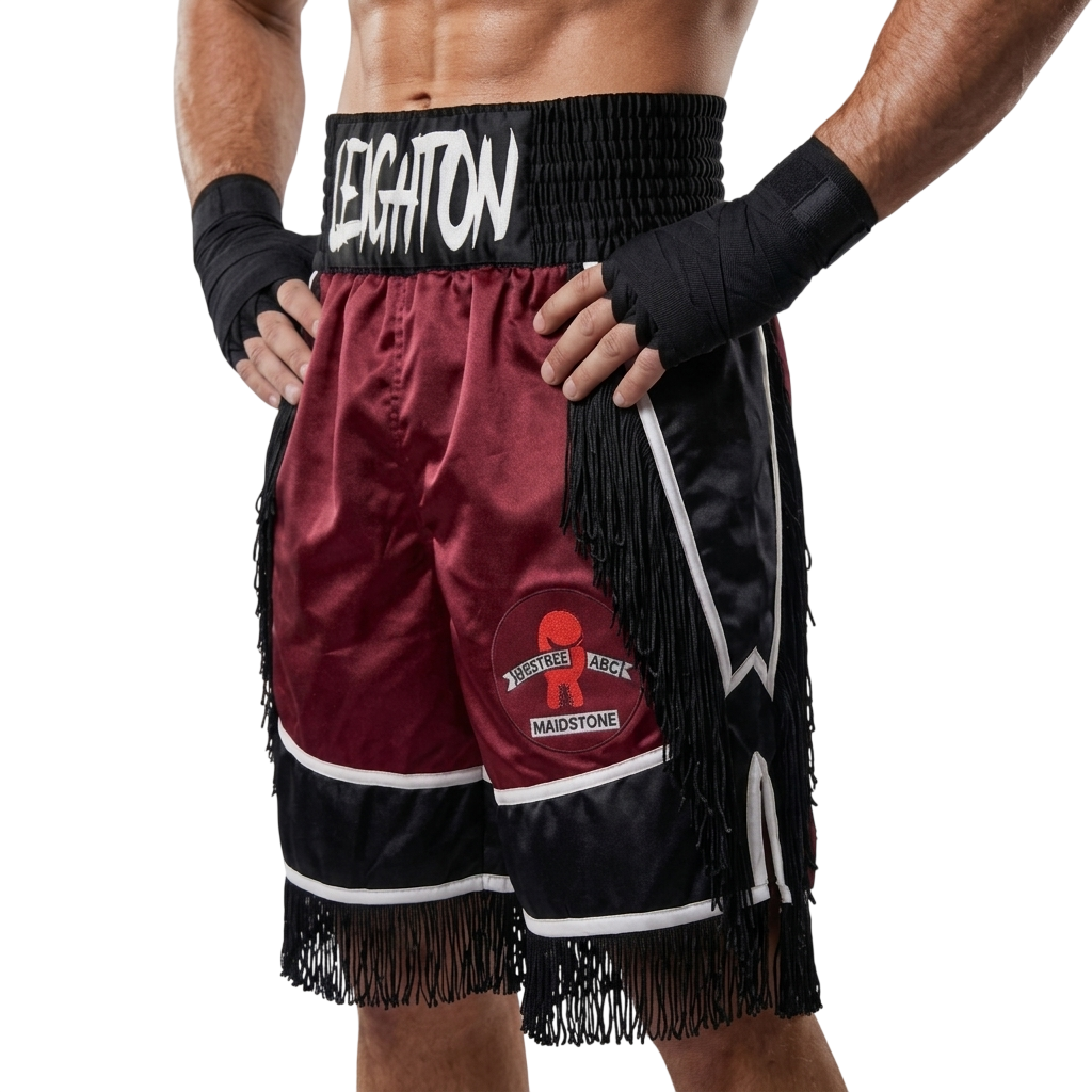 Bilal BX Leighton Mroon & Black & White Custom Boxing Shorts & Trunks