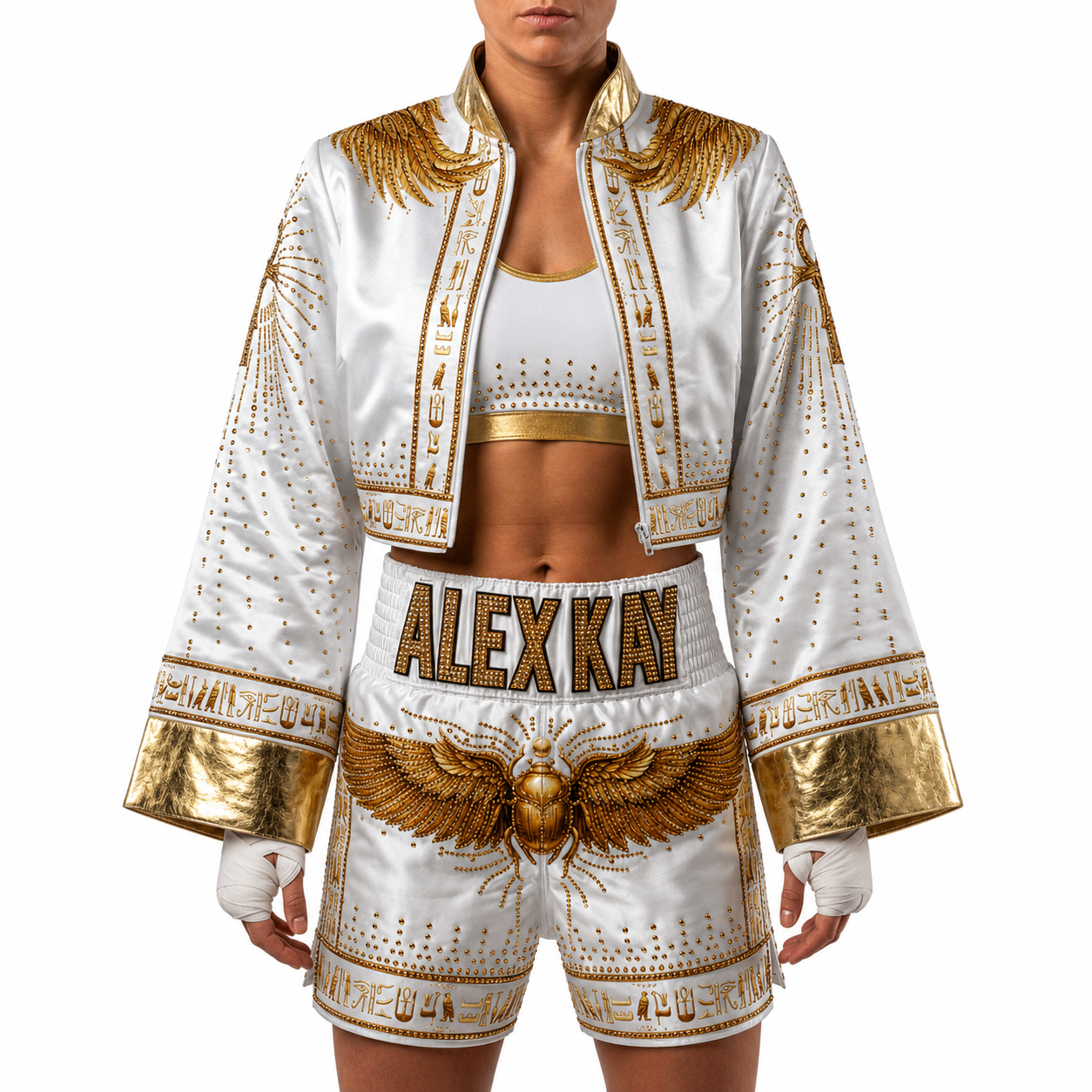 Golden Goddess Bx EGYPTIAN WHITE & GOLD Custom Boxing Shorts & Trunks