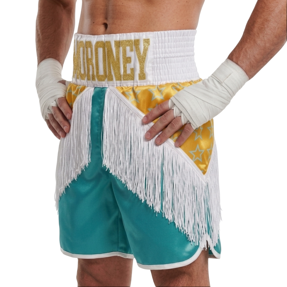 STAR QUALITY BX Bailey Aqua & Yellow Gold Custom Boxing Shorts & Trunks
