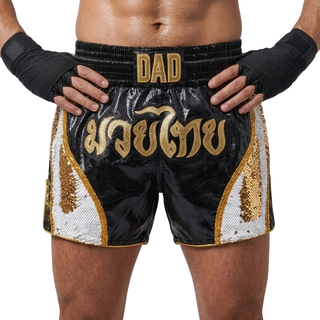DREAM MTS Old Natalie Black & White & Yellow Gold Muay Thai Shorts