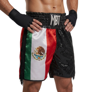 Custom boxing shorts in black sublimation flag style, classic waistband and lightweight performance fabric.