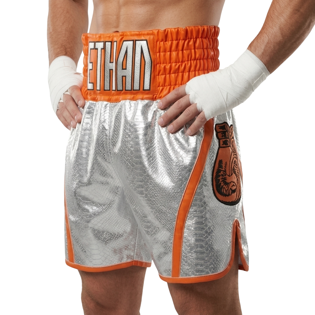 Touch Gloves BX Ethan Silver & Orange Custom Boxing Shorts & Trunks