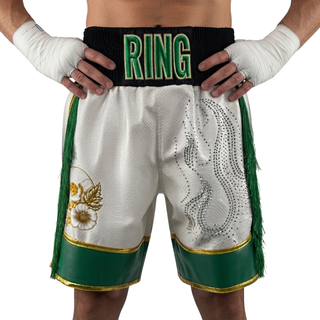 Bilal BX Wyatt White & Green & King Glod Custom Boxing Shorts & Trunks