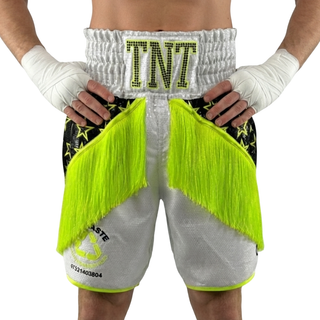STAR QUALITY BX Darren White & Neon Green Custom Boxing Shorts & Trunks