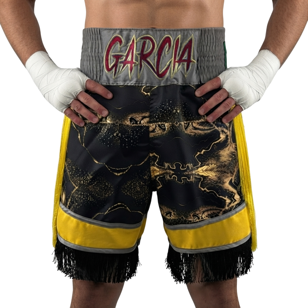 Bilal BX M. Colon Black Glod Marble & Yellow Gold Custom Boxing Shorts & Trunks