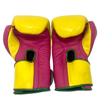 QuickFire Max yellow engineered leatherette boxing gloves with light purple and green leatherette details and secure Velcro wrist closure.