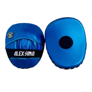 Blue metallic snake custom boxing focus pads with black super high-shine panels, white lace detailing and personalised wrist strap