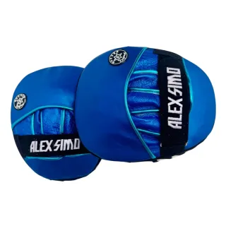 Blue metallic snake custom boxing focus pads with black super high-shine panels, white lace detailing and personalised wrist strap