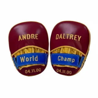 Custom maroon yellow blue leather focus pads with gold embroidery and blue strap
