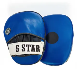 Blue metallic custom boxing focus pads made from engineered vegan leather with black and white glossy panels and curved striking surface