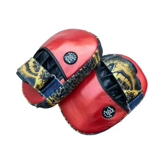 Custom boxing focus pad in red metallic leatherette with black leather and black gold marble print striking surface