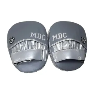 Custom boxing focus pad in light grey glove leather with silver leather accents and curved padded striking surface