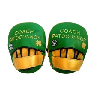 Custom boxing focus pad in dark green glossy leatherette with gold metallic leather and curved padded striking surface