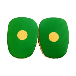 Custom boxing focus pad in dark green glossy leatherette with gold metallic leather and curved padded striking surface