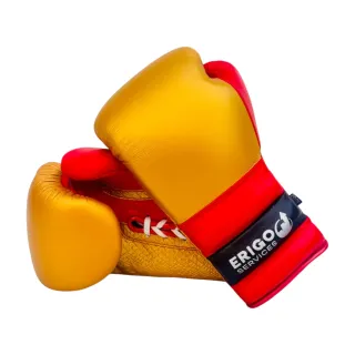 Impact Pro Ridged red glossy and gold metallic boxing gloves with gold metallic snake leatherette, white laces and ridged wrist