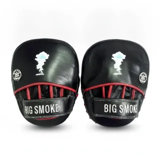 Custom boxing focus pad in black glove leather with maroon leather, matt black panels, and curved padded striking surface