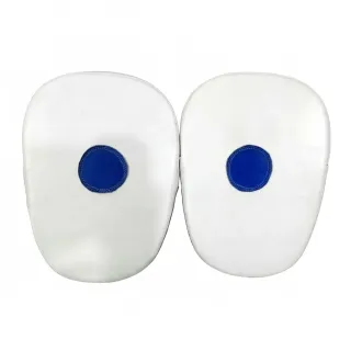 Custom boxing focus pad in blue metallic leather with blue glove leather and white matt faux leather striking surface