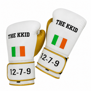 white and gold custom boxing gloves with irish flag embroidery and velcro strap