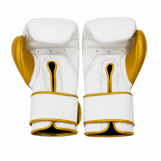 white and gold custom boxing gloves with irish flag embroidery and velcro strap