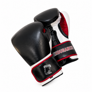 Quickfire Flex Classic black glove leather boxing gloves with white glove leather panels, maroon glove leather accents and secure Velcro wrist closure.